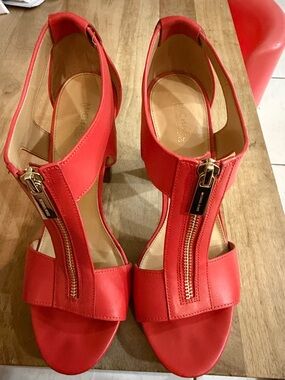 Michael Kors Red Leather Zip-Front Heeled Sandals